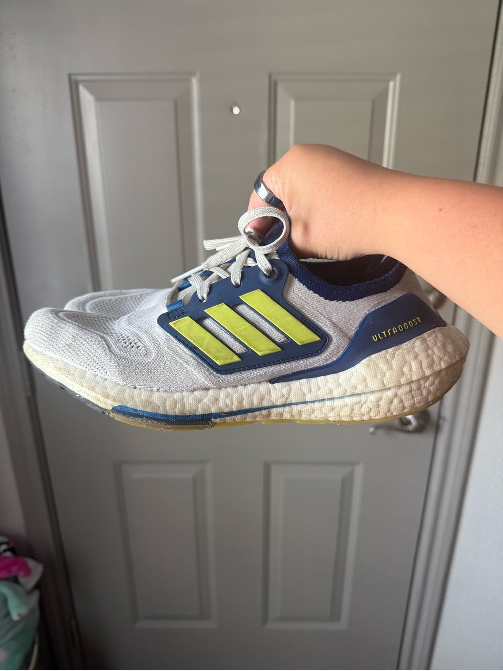 adidas White Blue and Neon Yellow Kids Ultra Boost Running Shoes
